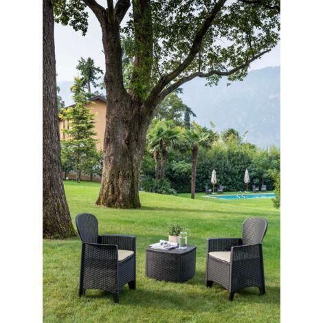 Set salotto da esterno, Set da giardino con 2 poltrone ed 1 tavolino contenitore, Salottino effetto rattan, 100% Made in Italy, Antracite