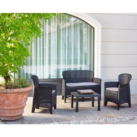 Dmora - Set salotto da esterno Anny, Set da giardino, Salottino effetto rattan, 100% Made in Italy, 1 divano, 2 poltrone e 1 tavolino contenitore, Antracite