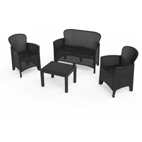 Dmora - Set salotto da esterno Anny, Set da giardino, Salottino effetto rattan, 100% Made in Italy, 1 divano, 2 poltrone e 1 tavolino contenitore, Antracite