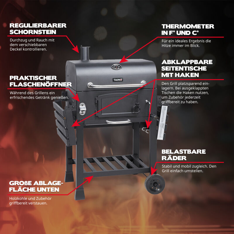 TAINO HERO XL Smoker BBQ GRILLWAGEN Holzkohle Grill Standgrill Raucherofen Kohle