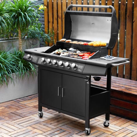 TAINO RED 6+1 Gasgrill BBQ GRILLWAGEN Edelstahl Brenner+ Seitenkocher Schwarz