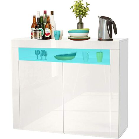 LED Sideboard Cabinet - Storage Cupboard unit with Matt Body & High Gloss Front for Dining Room Living Room (White 2 Doors)