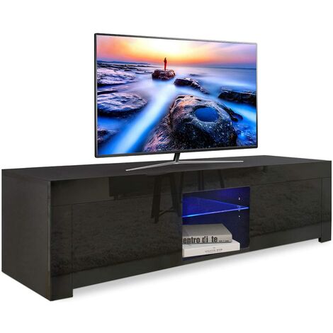 LED TV Stand Unit for Living Room - High Gloss Entire Front - 130 cm - TV Table Bench Cabinet Cupboard - Black