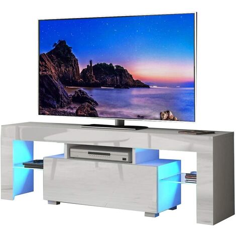 LED TV Stand - High Gloss Entire Front TV Cabinet - 130cm TV Entertainment Unit Bench Cabinet Cupboard (White)