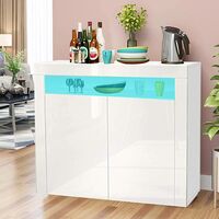LED Sideboard Cabinet - Storage Cupboard unit with Matt Body & High Gloss Front for Dining Room Living Room (White 2 Doors)