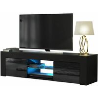 LED TV Stand Unit for Living Room - High Gloss Entire Front - 130 cm - TV Table Bench Cabinet Cupboard - Black - USB switch