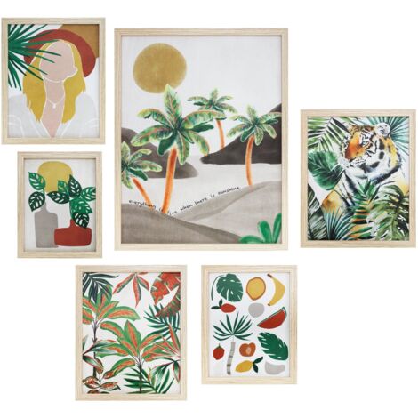 Conjunto de 6 cuadros enmarcados, estilo tropical con tonos verdes, rojos y amarillos 50x40cm 30x25cm