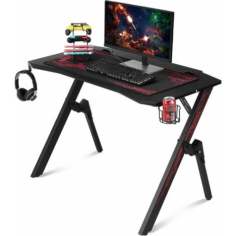 Bamny Gaming table Computer table Desk PC table Ergonomic K-shaped gaming desk with cable management system Cup holder Headphone hook and mouse pad 110x55x75CM Black