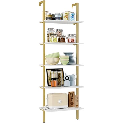 Bamny Ladder Shelves Wall Shelf Modern Bookshelf Storage Rack 5 Tier Shelving Unit Bookcase for Home and Office (Golden+White)