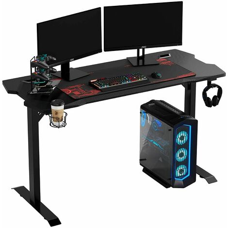 Bamny Large Black Gaming Computer Desk with Free Full Mousepad 138.5x59x76.5cm PC Desk with Adjustable legs Home Office with Headphone Hooks and Cup Holder Great Gift for Your Son
