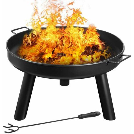 Bamny Fire Bowl Diameter 60 cm with Handles,Removable Metal Fire Basket with Fire Fork, Patio Garden Multifunctional Fire Pit for Heating/BBQ with Small Device to Install