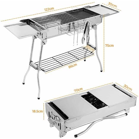 Bamny Charcoal Grill Stainless Steel, Portable Camping Grill, BBQ Grill with Double Folding Wings, Non-stick Pan, Adjustable Ventilation Openings, for Camping Garden Backyard Picnic(122 * 30 * 75cm)