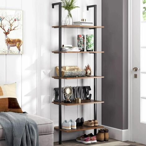 Bamny Industrial 5-Tier Ladder Shelf Bookcase Wall-mounted Wood Storage Rack Furniture