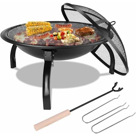 Bamny Fire Bowl with Grill Grate & Protective Grille, 54x54x43cm, Multifunctional Fire Pit for Heating/BBQ, Garden Patio Fire Pit, Foldable & Portable Fire Basket & Grill, for Camping Picnic Garden