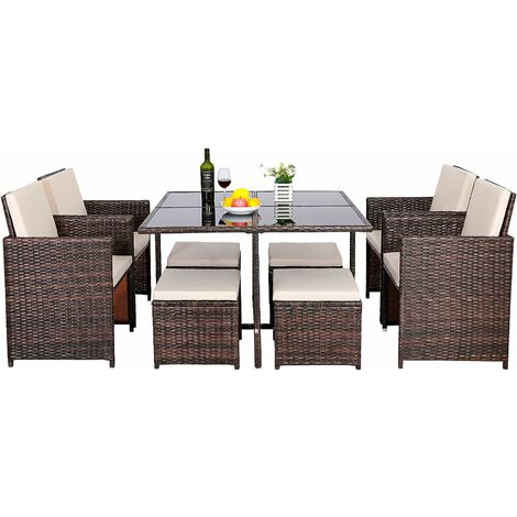 BAMNY 9 Piece Rattan Garden Furniture Set, Outdoor Rattan Garden Dining Set 8 Seater Patio Dining Table and Chairs for Lawn, Backyard, Poolside
