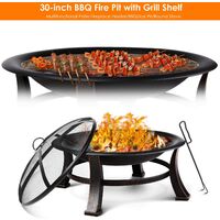 Bamny 30' Fire Bowl Outdoor Patio Fire Pit with Mesh Spark Screen Cover, BBQ Grill, Log Grate, Firepit Poker, Waterproof Cover, Wood Burning Stove for Backyard, Camping, Bonfire, Patio, Garden