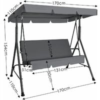 Bamny Swing 3 Seater With Detachable Canopy, Garden Swing Cushioned Seat, Made With Strong Powder Coated Steel Frame - Grey