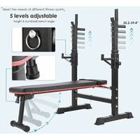 BAMNY Folding Weight Bench with Barbell Rack, Multifunction Fitness Bench with Dips Stations, 5 Adjustable Heights, for Home Workout, Adjustable Backrest, Max Load 200kg
