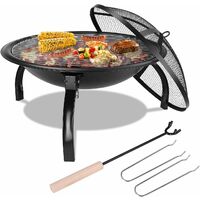 Bamny Fire Bowl with Grill Grate & Protective Grille, 54x54x43cm, Multifunctional Fire Pit for Heating/BBQ, Garden Patio Fire Pit, Foldable & Portable Fire Basket & Grill, for Camping Picnic Garden