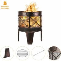Bamny BBQ Fire Pit with Grill, 17inch Metal Mesh Heater Fire Brazier, 4-Leg Fire Basket with Metal Frame/BBQ&Charcoal Grill/Handles/Poker for Garden, Camping & Patio[φ45cm x58cm]