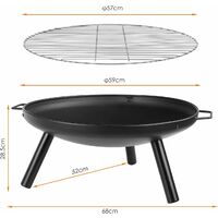 Bamny Fire Bowl Diameter 59 cm, Fire Pit with Grill Grate and Handles, Multifunctional Fire Pit for Heating/BBQ, Garden Fire Basket and Grill, for Camping Picnic Garden, 68 x 59 x 28.5 cm