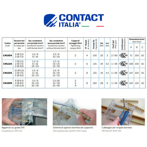 MORSETTIERA DIN TETRAPOLARE - n.4 varianti - CM1054 100A - CM1154 125A -  CM1254 125A - CM1609 160A - CM 1254