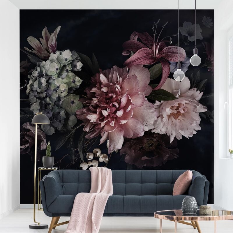 Carta da parati adesiva floreale - Mazzo di fiori con peonie su nero - Formato  quadrato Dimensione HxL: 192cm x 192cm