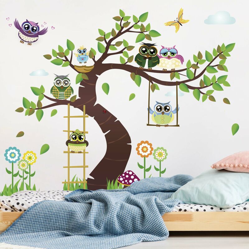 Adesivi murali bambini - N.YK24 Gufi colorati su ramo - Stickers cameretta  Dimensione LxH: 78cm x 160cm