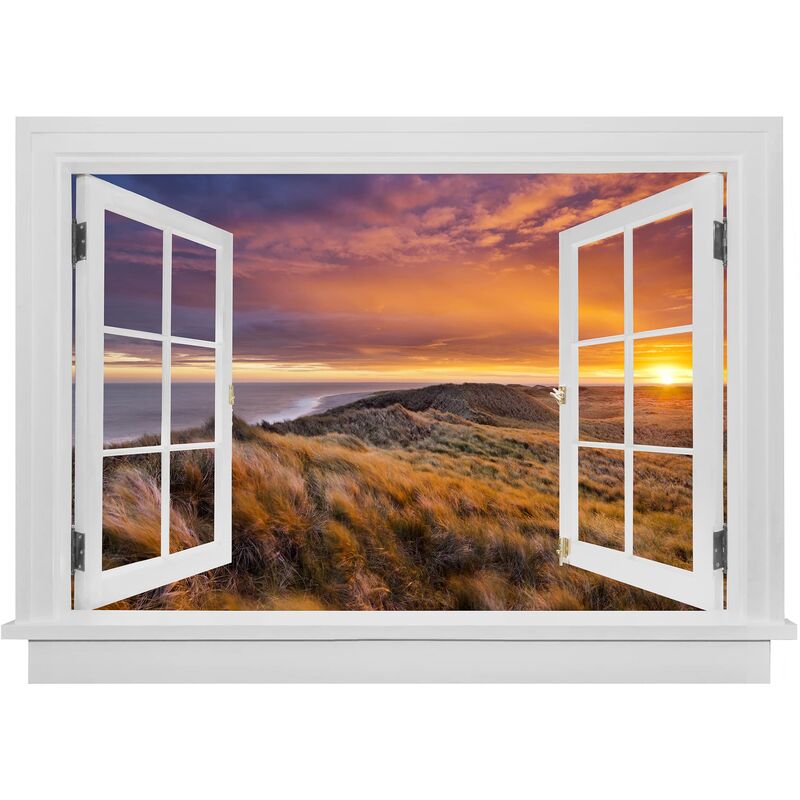 Trompe l'oeil adesivi murali - Finestra aperta sulla spiaggia di Sylt  all'alba Dimensione HxL: 30cm x 40cm