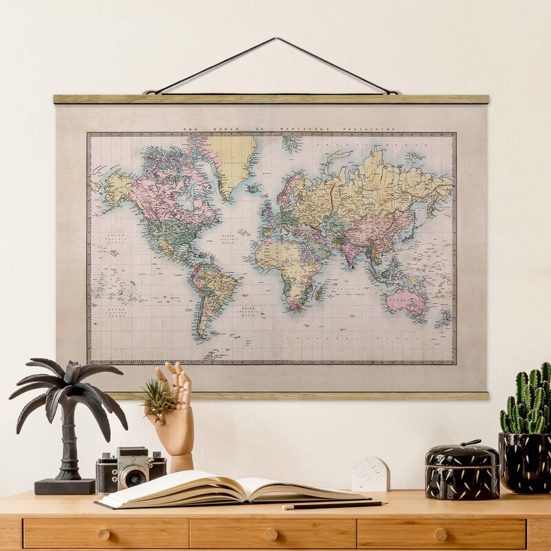 Foto su tessuto da parete con bastone - Mappa del mondo Vintage 1850 - Orizzontale  2:3 Dimensione HxL: 23.5cm x 35cm Materiale: Rovere