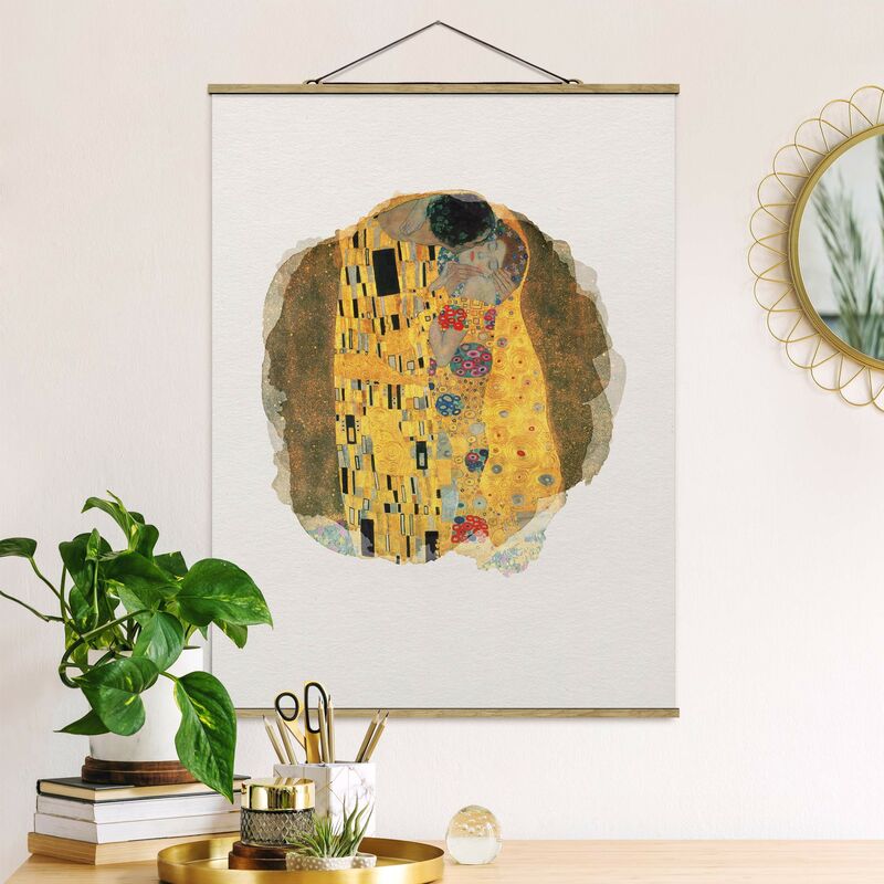 Foto su tessuto da parete con bastone - Acquarelli - Gustav Klimt - The  Kiss - Verticale 4:3 Dimensione HxL: 46.5cm x 35cm Materiale: Rovere
