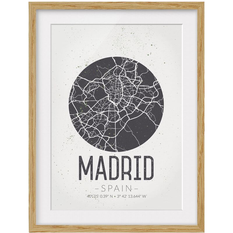 Poster con cornice - Madrid City Map - Retro Dimensione HxL: 55cm x 40cm,  Colore cornice: Rovere