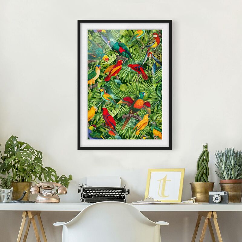 Poster con cornice - Colorato collage - Parrot In The Jungle Dimensione HxL:  24cm x 18cm, Colore cornice: Nero