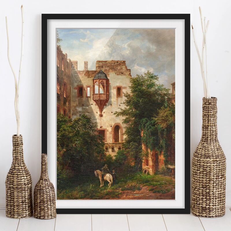 Poster con cornice - Carl Ludwig Fahrnbach - Nel cortile del castello di  Heidelberg Dimensione HxL: 24cm x 18cm, Colore cornice: Nero