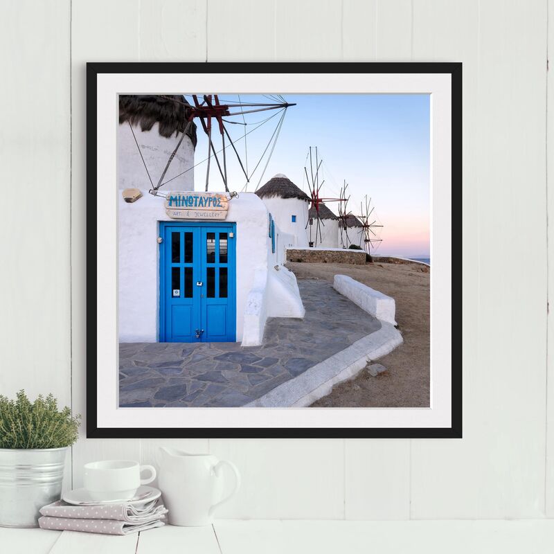 Poster con cornice - Mykonos Windmills Dimensione HxL: 20cm x 20cm, Colore  cornice: Nero