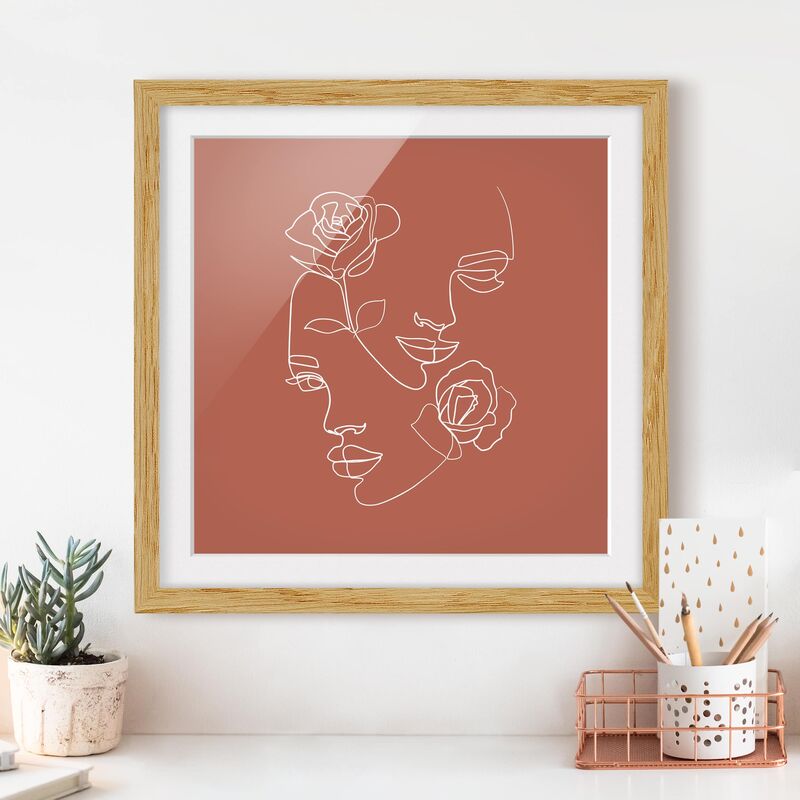 Poster con cornice - Line Art Faces donne Roses rame Dimensione HxL: 20cm x  20cm, Colore cornice: Rovere