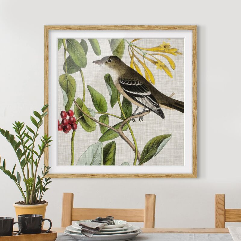 Poster con cornice - Bird On Linen Yellow II Dimensione HxL: 20cm x 20cm,  Colore cornice: Rovere