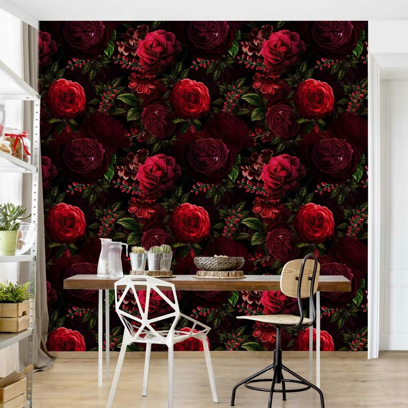 Carta da parati - Rose rosse su sfondo nero Dimensione HxL: 192cm x 192cm  Materiale: Smart