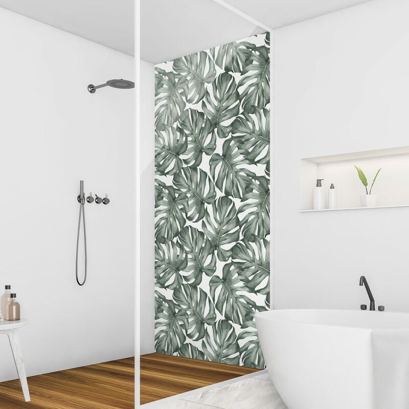 Rivestimento per doccia - Acquerello foglie di monstera in acquerello verde  Dimensione HxL: 1 x 190x80cm Materiale: Pellicola rigida Smart Lucida 0,32  mm