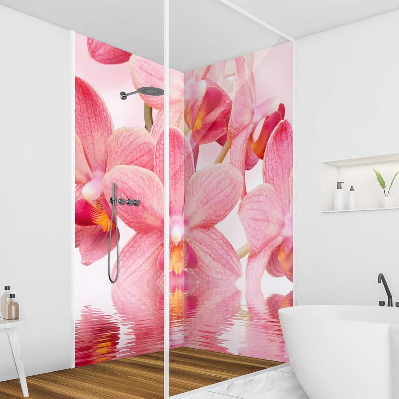MICASIA - Rivestimento per doccia - Orchidee Rosa sull'acqua Dimensione HxL: 2 x 210x120cm Materiale: Pellicola rigida Premium Lucida 0,61 mm