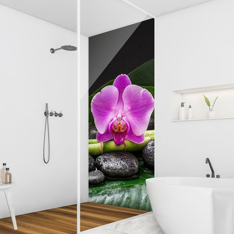 Rivestimento per doccia - Bambù verde con fioritura di orchidee Dimensione  HxL: 1 x 190x80cm Materiale: Pellicola rigida Smart Lucida 0,32 mm