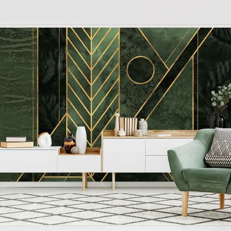 Carta da parati Premium - Forme geometriche oro verde smeraldo -  Orizzontale Dimensione HxL: 190cm x 288cm Tessuto