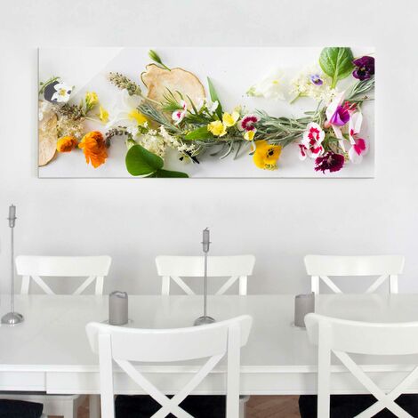 Quadro in vetro cucina - Aromi e fiori freschi su bianco - Panoramico  Dimensione HxL: 20cm x 55cm