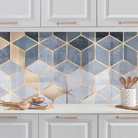 Rivestimento cucina - Bianco d'oro Geometria Blu Dimensione HxL: 40cm x  140cm Materiale: Smart