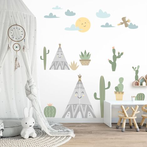 Adesivi murali bambini - Cactus e tende indiane - Stickers camerette  Dimensione LxH: 30cm x 45cm