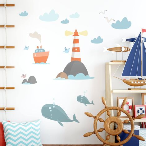 Adesivo murale bambini - Faro e balenottere - Stickers camerette Dimensione  LxH: 30cm x 40cm