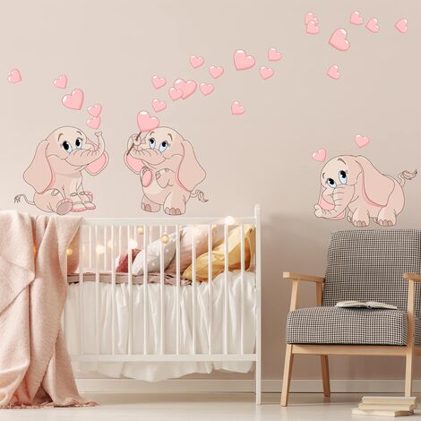 Adesivo murale bambini - Tre elefantini rosa con cuori Dimensione LxH: 40cm  x 40cm