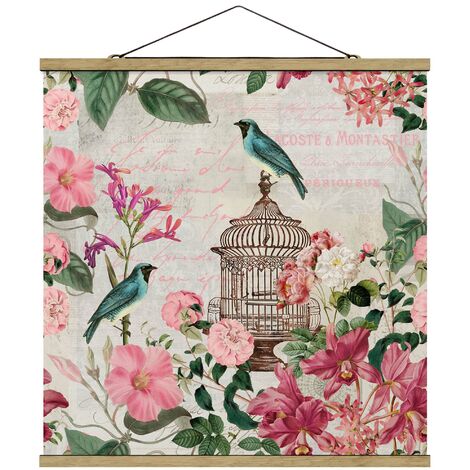 Foto su tessuto da parete con bastone - Shabby Chic Collage - Fiori rosa e  Bluebirds - Quadrato 1