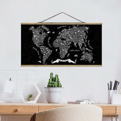 Foto su tessuto da parete con bastone - Tipografia Mappa del mondo nero -  Orizzontale 1:2 Dimensione