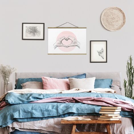 Foto su tessuto da parete con bastone - Laura Graves - Illustrazione Cuore  cerchio mani Rosa Bianco - Orizzontale